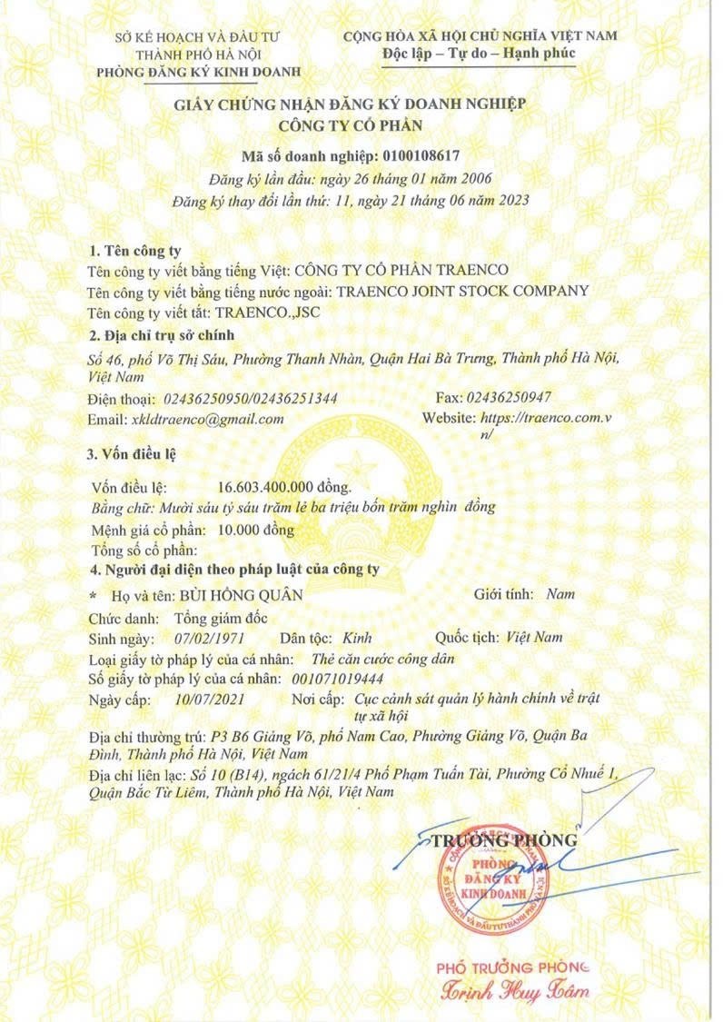 Giấy chứng nhận đăng ký doanh nghiệp Công ty Cổ phần TRAENCO