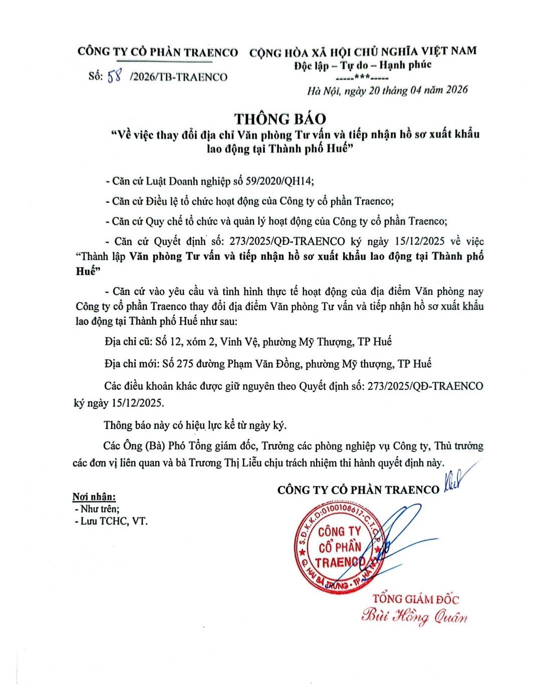Thông báo địa chỉ Văn phòng TRAENCO tại 275 Phạm Văn Đồng, Huế